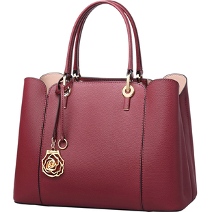 丹希路真皮女包大容量手提包中年红色结婚婚包婆婆送妈妈包包大气