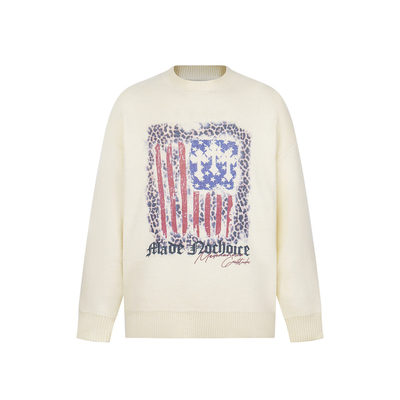 美式复古豹纹旗帜印花圆领毛衣