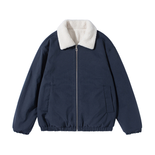 藏青色翻领羊羔绒夹克棉服男款2025新款冬季韩系加厚保暖棉袄外套