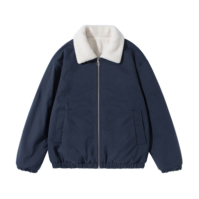 藏青色翻领羊羔绒夹克棉服男款2025新款冬季韩系加厚保暖棉袄外套