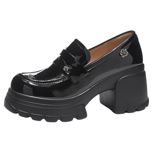 星期六黑色漆皮乐福鞋女春新款学院风粗跟小皮鞋百搭厚底女鞋