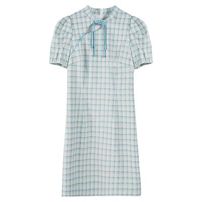 固执夏季新款中国风格子旗袍气质泡泡袖短连衣裙30732QP07849