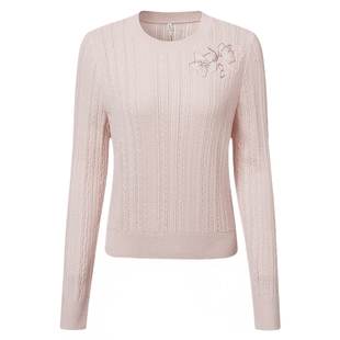 VGRASS维格娜丝春季重工盘带绣羊绒羊毛针织衫圆领绣花粉红色上衣