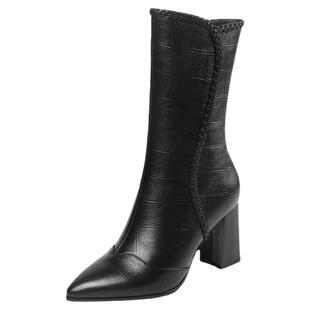 舒适软皮真皮中筒靴2025秋冬新款粗跟短靴尖头高跟软皮靴加绒女靴