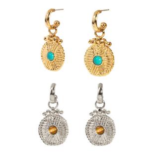 Wens部落图腾镶虎眼石金币造型耳环耳饰女仿绿松石生日礼物送女友