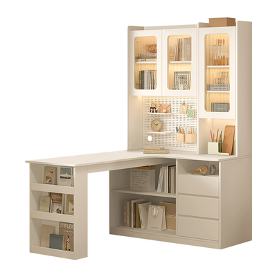实木L型转角书桌书柜一体家用