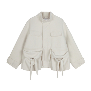 JNBY/江南布衣冬毛呢外套女工装风短外套全羊毛立领夹克简约纯色