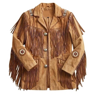 海外代购Jacket手作西部牛仔风麂皮流苏皮衣复古翻领串珠夹克外套