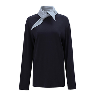 NON RESTRAIN撞色绑结堆堆领落肩长袖T恤女慵懒宽松气质内搭上衣