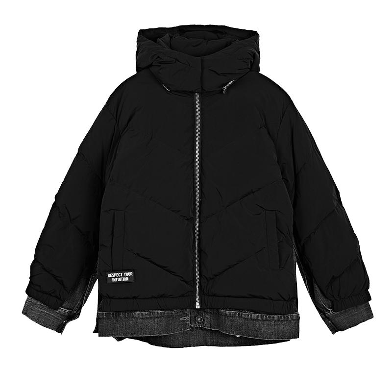 sdeer圣迪奥女装高领连帽字母牛仔拼接羽绒服S20482443