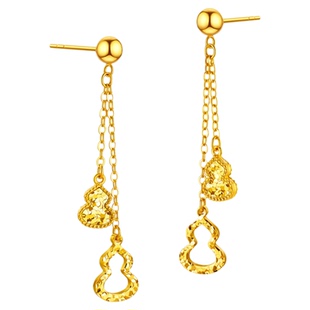 潮港福18K金碎碎冰葫芦流苏耳钉 女纯银福禄双全耳饰黄金碎碎金潮