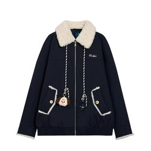 紫涵羊羔毛翻领棉服女2026冬季新款甜美小狗挂件绣花宽松棉衣外套