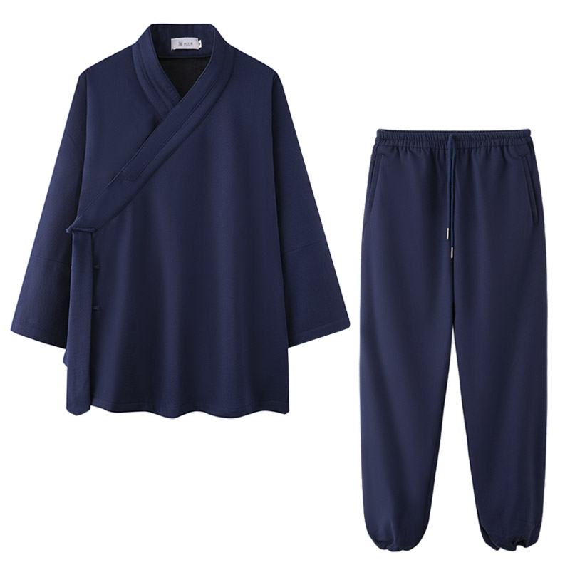 武当道袍秋冬道士服套装春季厚亚麻外套保暖道服练功服斜襟三清领