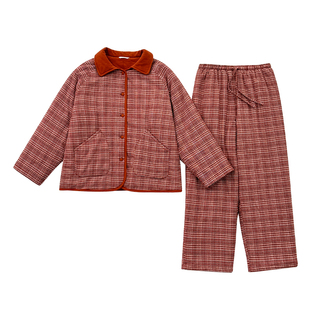 宜色家新款美拉德复古棉服套装细格子外套加厚保暖棉衣家居服