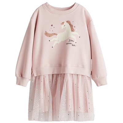 HM童装儿童女童裙子2025秋新款薄纱裙摆卫衣连衣裙公主裙1303542