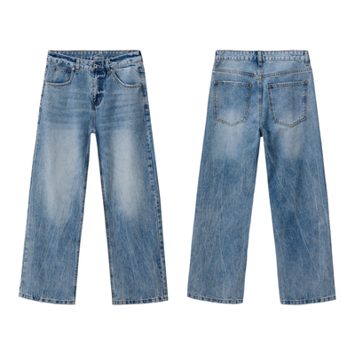 NO LOGO/2021M闪电波纹冰蓝色牛仔做旧水洗纹竹节直筒微喇牛仔裤