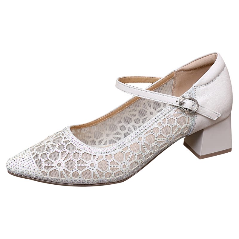透气包头妈妈凉鞋春夏季粗跟水钻镂空单鞋浅口中跟一字扣网纱女鞋