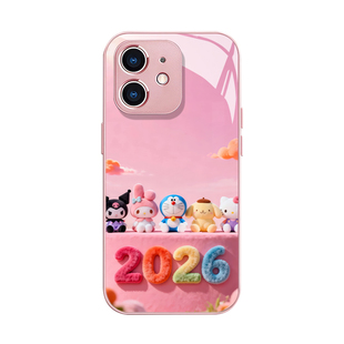 新年卡通适用苹果17Promax手机壳iPhone16马年13海绵宝宝15plus派大星14Pro美乐蒂11情侣12玻璃xs男xr女x/8套