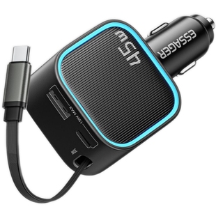 ESSAGER车载充电器TypeC自带伸缩线自动收纳便捷USB多口45W快充适用iPhone16苹果17手机PD30瓦汽车点烟孔插头