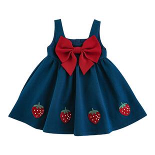 幼悠女童 撞色立体大蝴蝶结公主裙春秋甜蜜可爱草莓绣标A字背带裙