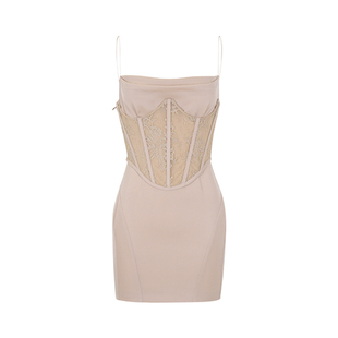 【张韶涵同款】AS DALIO杏色蕾丝腰封吊带连衣裙修身绑带吊带短裙