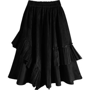 秋冬麂皮绒拼接丝绒不规则黑色女童半身裙2025新款儿童大摆长裙子