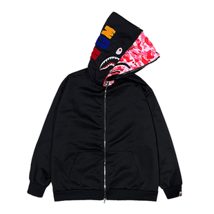 美式潮牌街头嘻哈双帽鲨鱼迷彩连帽外套拉链开衫春秋男青少年卫衣