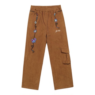 GUUKA美式复古花朵刺绣工装裤宽松 潮牌棕色裤子女秋灯芯绒直筒裤