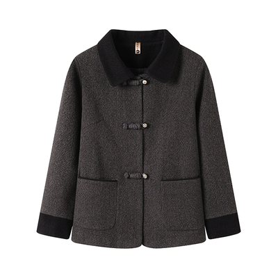 恒源祥妈妈装翻领盘扣酒红外套