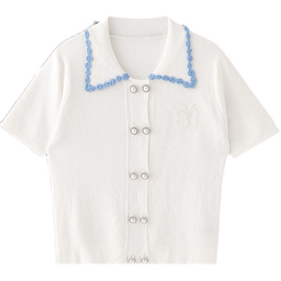 mmc小香风蝴蝶钉珠翻领polo衫针织短袖T恤设计感小众高级感上衣女