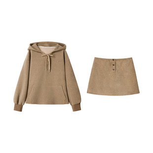 【烟染晴冬】Uena卡其色胸前抽绳绑带连帽卫衣短款A字半身裙套装
