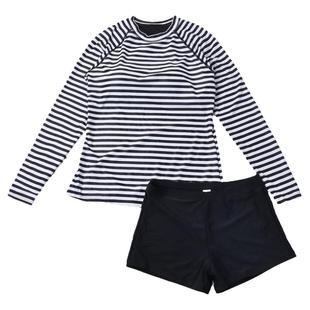 保守女士外贸分体泳衣长袖防紫外线平角沙滩泳衣条纹大码泳衣套装