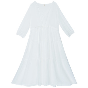 【5折】春夏季V领苎麻连衣裙女长袖新款拼接白色长裙灯笼袖a字裙