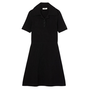 SANDRO秋冬女装法式简约气质黑色POLO领收腰A字短袖针织连衣裙