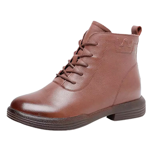 秋冬季真皮鞋子全牛皮马丁靴子软底软面平底妈妈短靴女加绒二棉鞋