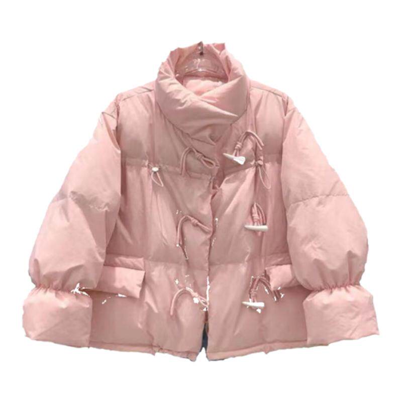 反季新款韩版宽松羽绒服女短款加厚白鸭绒牛角扣立领外套冬季