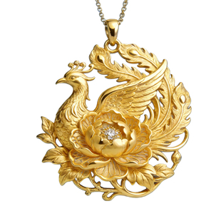 原创设计金色凤凰牡丹花吊坠项链女毛衣链合金镀金长链