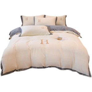 冬季牛奶绒四件套双面加厚绒水晶绒简约现代风刺绣被套床上用品4