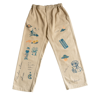 BAGGGGY致敬经典 ET外星人手绘印花人字纹洗水CHINO长裤140-250斤