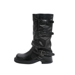 真皮~骄屿皮带扣黑色中筒裤管靴女堆堆靴长筒靴骑士靴西部牛仔靴