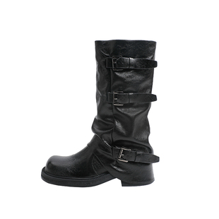 真皮~骄屿皮带扣黑色中筒裤管靴女堆堆靴长筒靴骑士靴西部牛仔靴