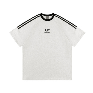 FDR 国潮美式复古拼接插肩短袖t恤男女夏季高街情侣宽松织带上衣