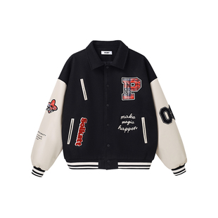 PCMY美式复古加厚拼接夹棉棒球服冬季刺绣翻领棉服宽松重磅外套男