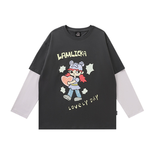 LAMLICKA卡通女孩灰色上衣宽松版t恤女款纯棉长袖oversize假两件