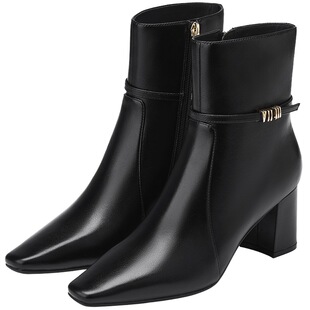 73hours女鞋比亚里茨2025冬季新款尖头显瘦增高粗跟短靴时装裸靴