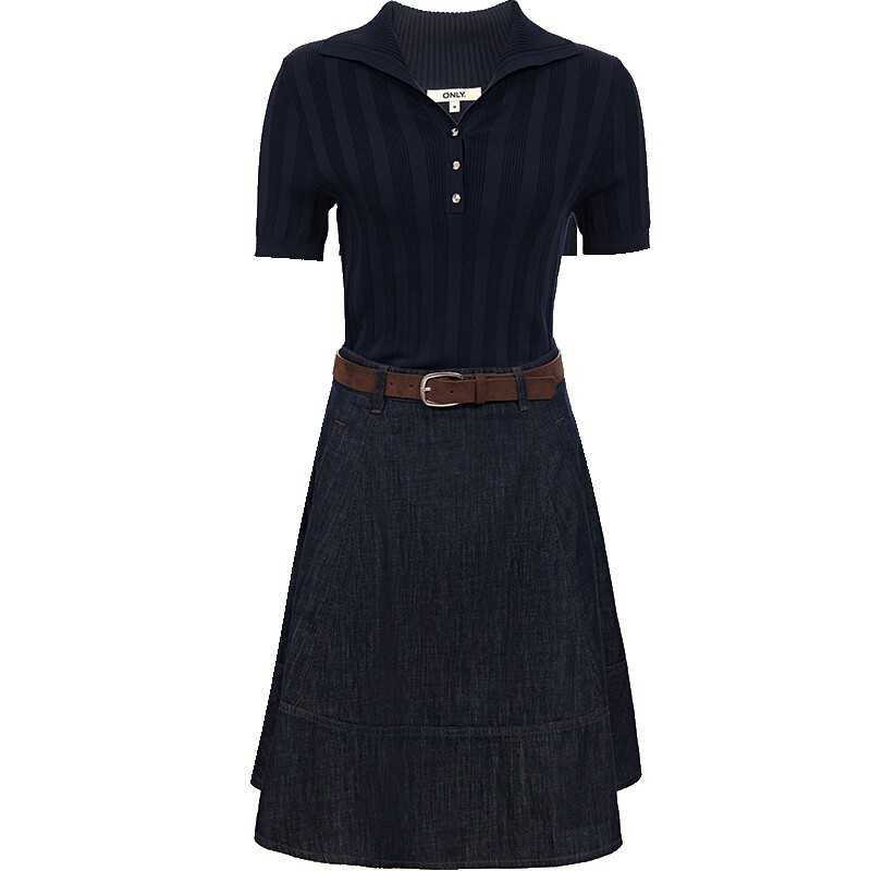 ONLY活性染POLO领拼接牛仔连衣裙