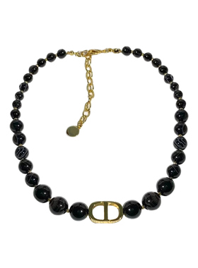 奥米迪奥字母CD黑曜石珍珠锁骨链女项链气质黑色高级感颈链巴洛克