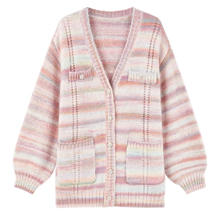 秋水伊人渐变条纹V领针织开衫2025年冬季新款女百搭甜美温柔上衣