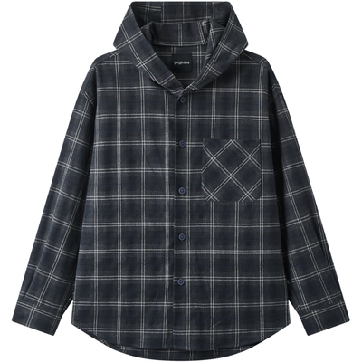 gxg.jeans男装 蓝色格纹复古潮流宽松连帽夹克外套男 春秋热销