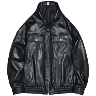 廓版柔软头层绵羊真皮皮衣男女青年翻领休闲宽松飞行服夹克外套弘